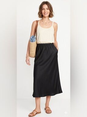 OLD NAVY Slip Skirt Black Solid Midi Satin-Look Size Small S